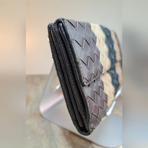 Bottega Veneta Intreccaito Black Brown and Tan Woven Wallet Clutch